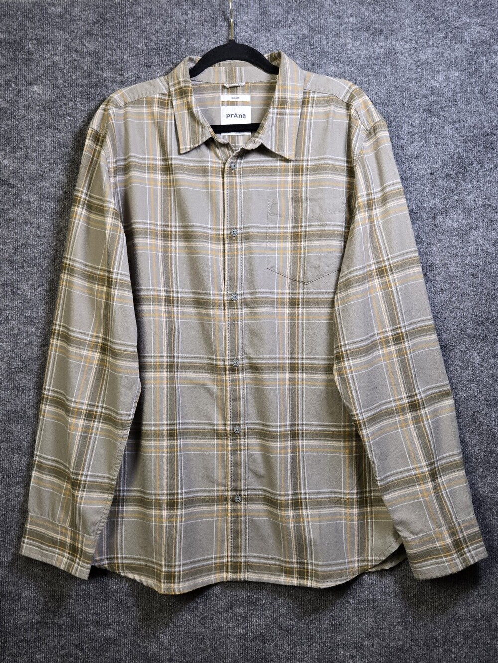 prAna Shirt Mens XL Slim Light Brown Plaid Cotton Flannel Button Up Outdoor